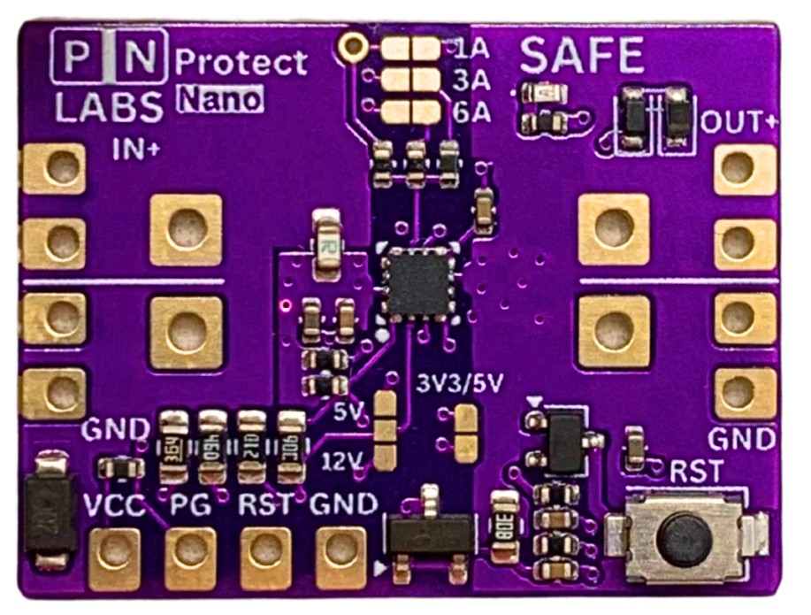 Top-down photograph of the PN Labs Protect Nano board, showing the IN+ and OUT+ plated pads, the 1 A, 3 A and 6 A current jumper pads, the 3V3/5V, 5V and 12V voltage jumpers, the VCC, PG and RST header pads, and the RST tactile button.