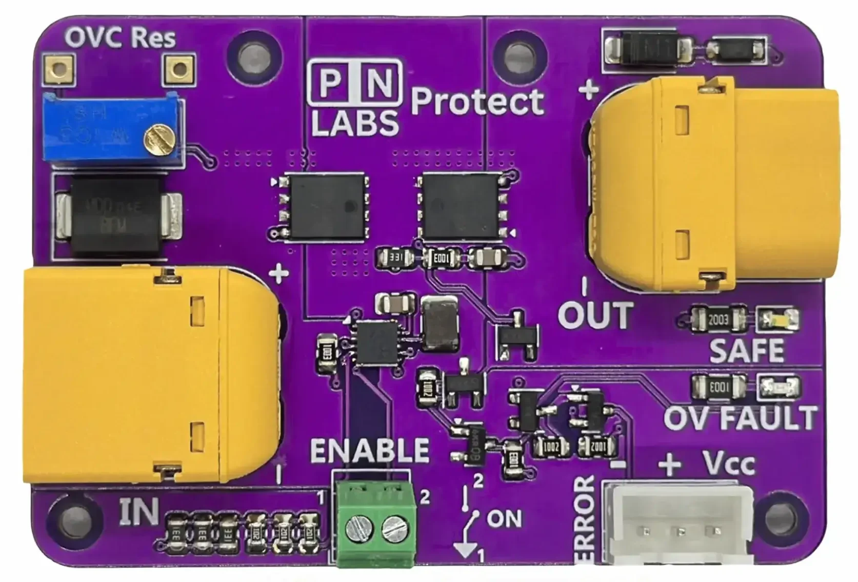Top-down photograph of the purple PN Labs Protect board, showing the yellow IN and OUT power connectors, the blue OVC Res trimmer, a green two-pin ENABLE terminal, and the SAFE and OV FAULT indicator LEDs.