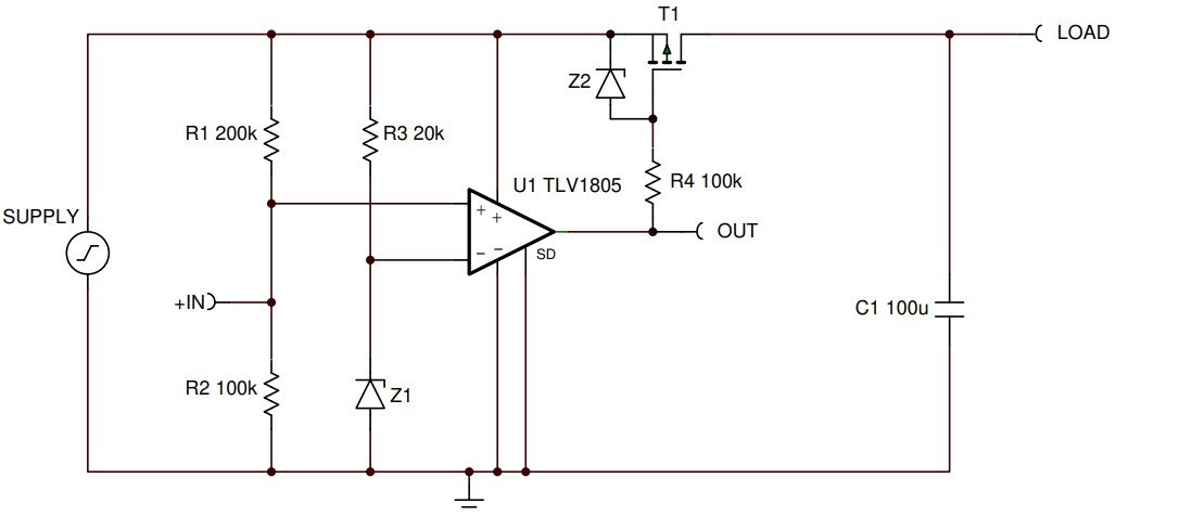 Schematic of a comparator-based over-voltage cutoff: the R1/R2 divider feeds a TLV1805 comparator against Zener reference Z1, and the comparator output drives P-channel MOSFET T1 through R4 to disconnect the load.