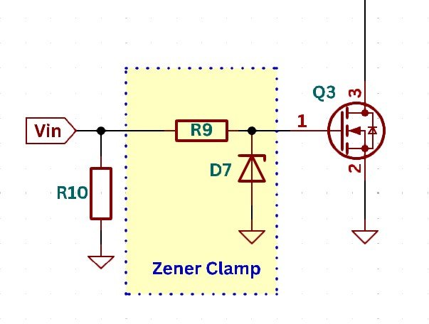 Schematic fragment with the Zener clamp highlighted: series resistor R9 feeds the gate of MOSFET Q3, and Zener D7 holds that gate node at its breakdown voltage.