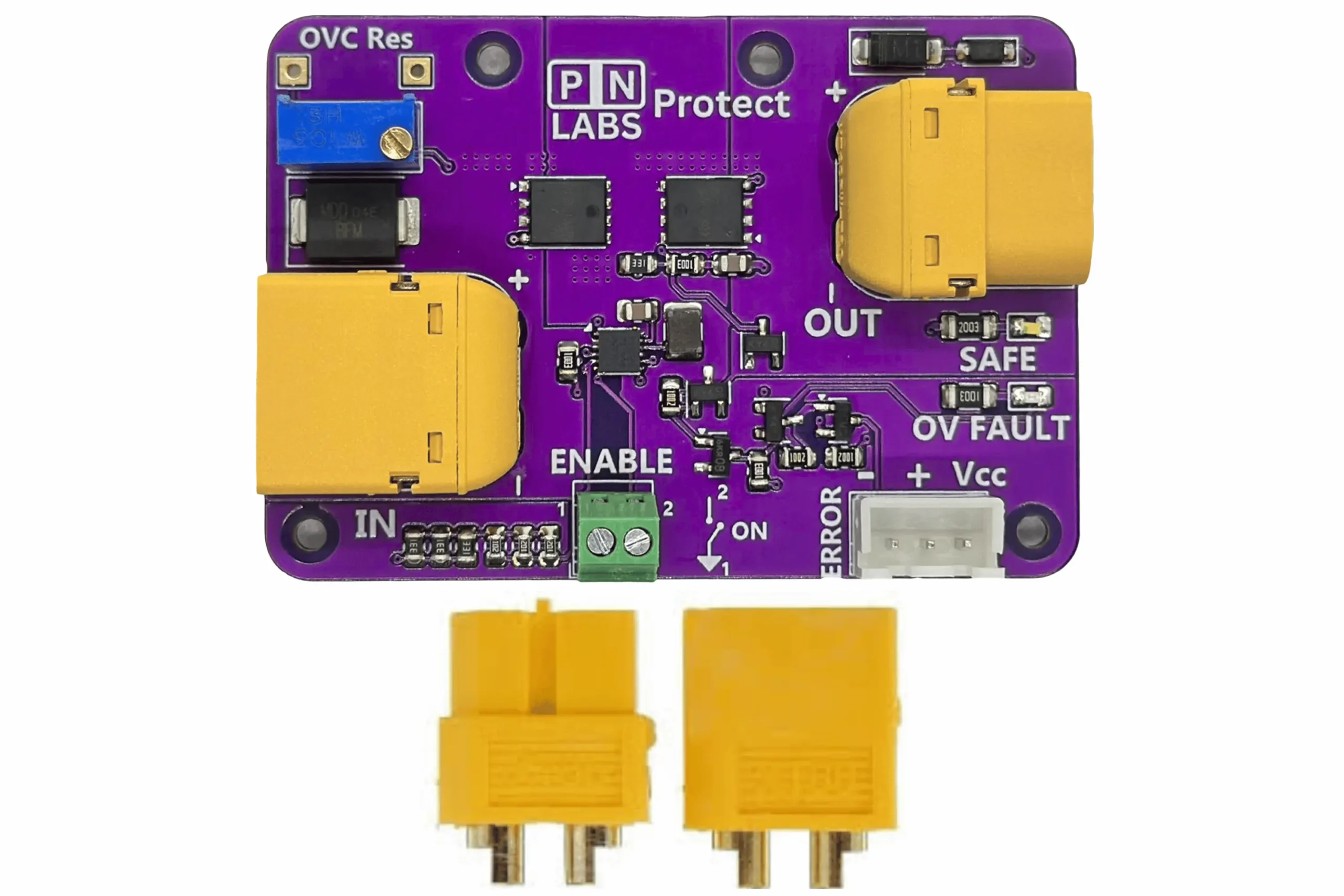 Top view of the purple Protect board fitted with yellow XT60 input and output connectors, showing the blue OVC Res trimmer potentiometer, the green two-pin ENABLE terminal block, the SAFE and OV FAULT indicator LEDs and the three-pin ERROR/Vcc header, with a loose pair of XT60 plugs below the board.
