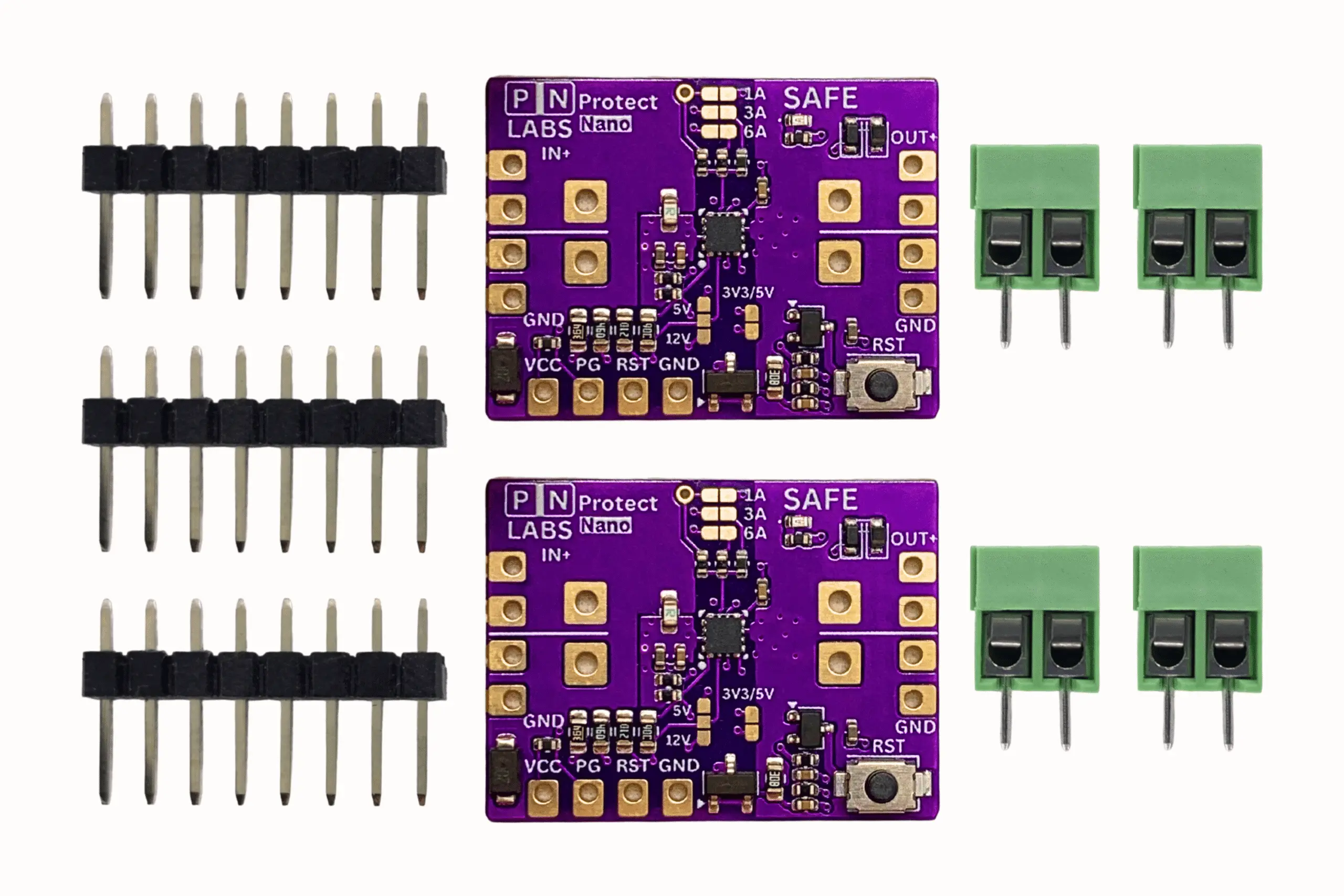 Flat lay of what ships in the box: two purple Protect Nano boards showing the 1A/3A/6A current jumpers, the SAFE LED, the RST button and the IN+, OUT+, VCC, PG, RST and GND pads, alongside three eight-pin male headers and four green two-pole screw terminal blocks.