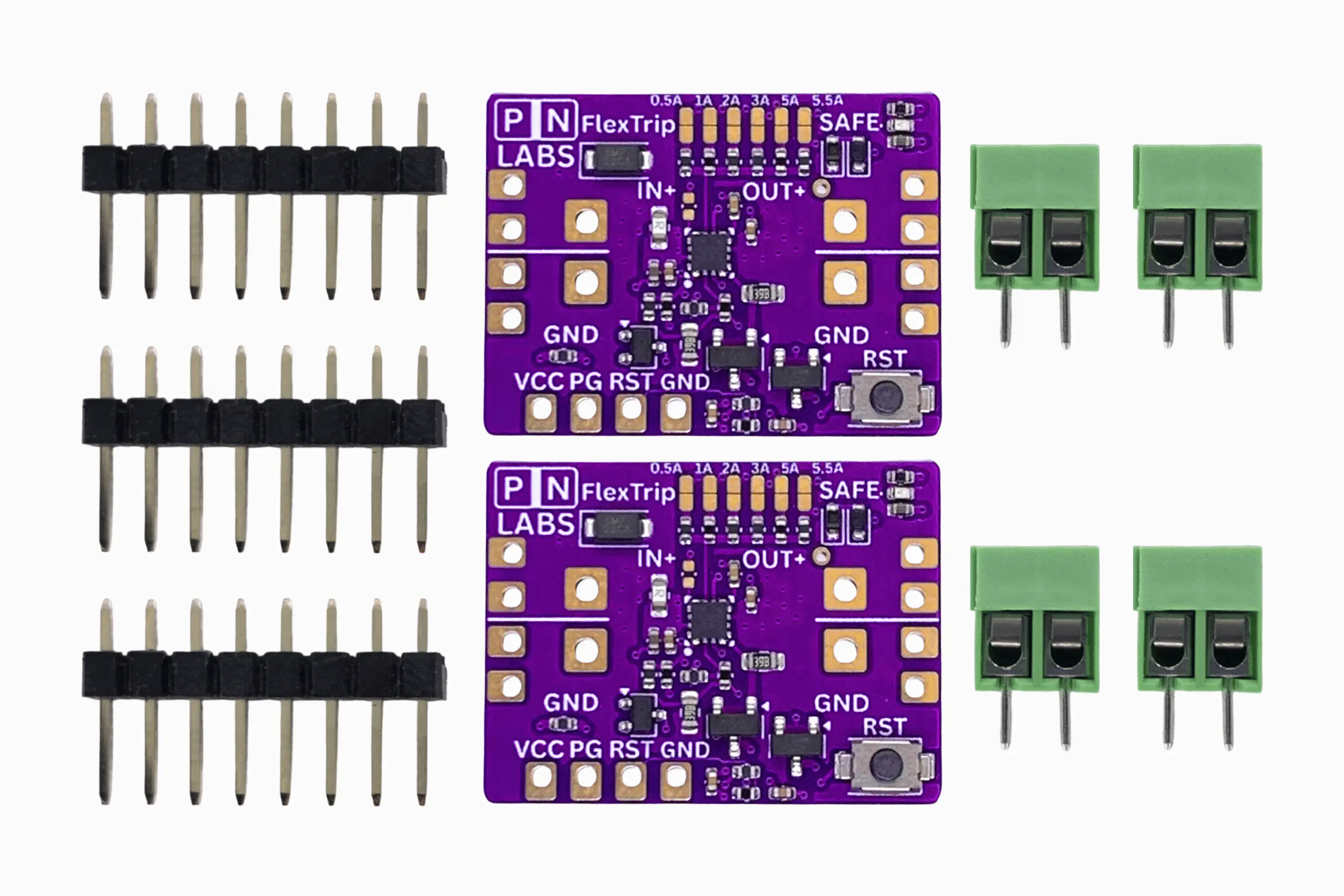 Two purple FlexTrip e-fuse boards photographed from above, with the three included header pin strips on the left and four two-pole screw terminal blocks on the right.