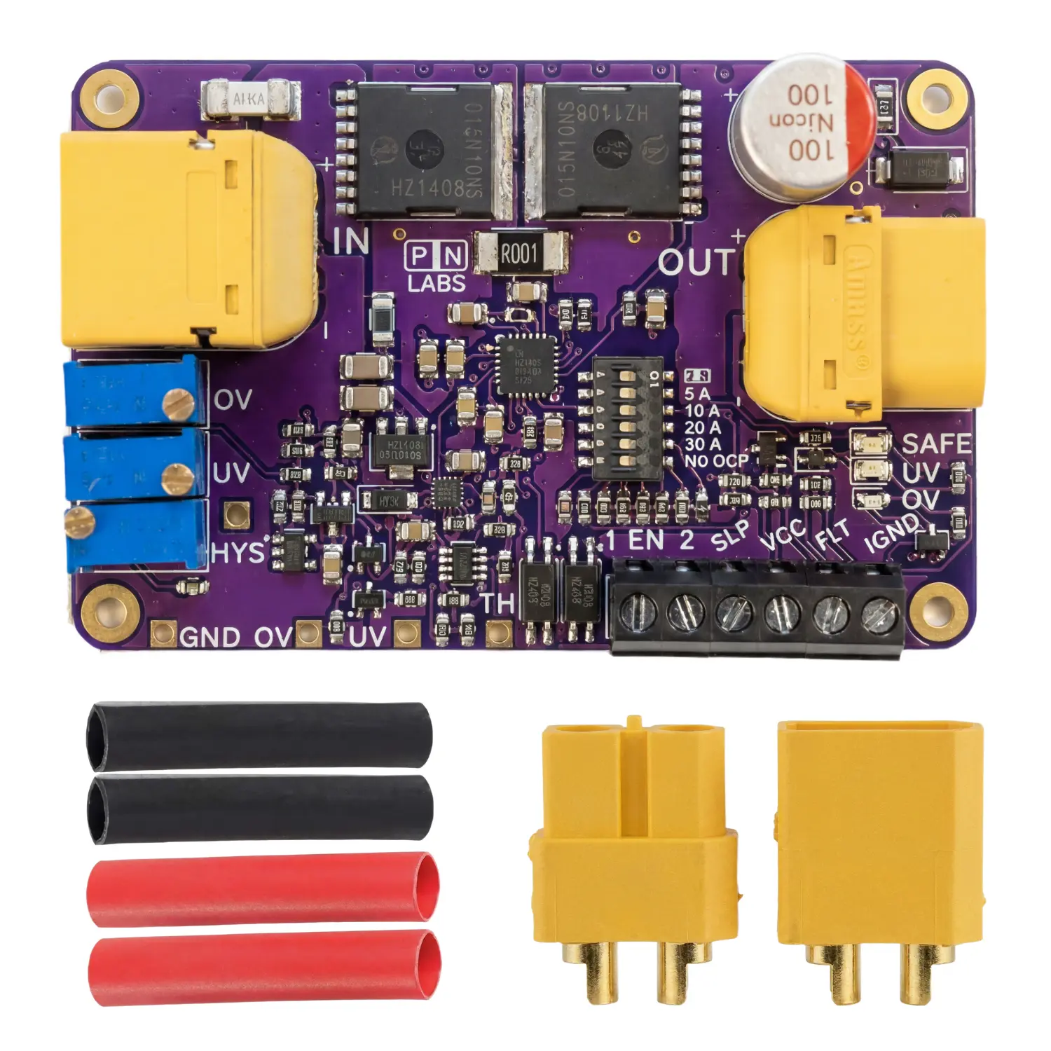 Top view of the purple Protect+ board with yellow XT60 input and output connectors, two large pass MOSFETs, a shunt resistor, three blue OV, UV and HYS adjustment trimmers, the overcurrent DIP switch and a six-way screw terminal block, with the included XT60 mating pair and red and black heat shrink laid out below it.