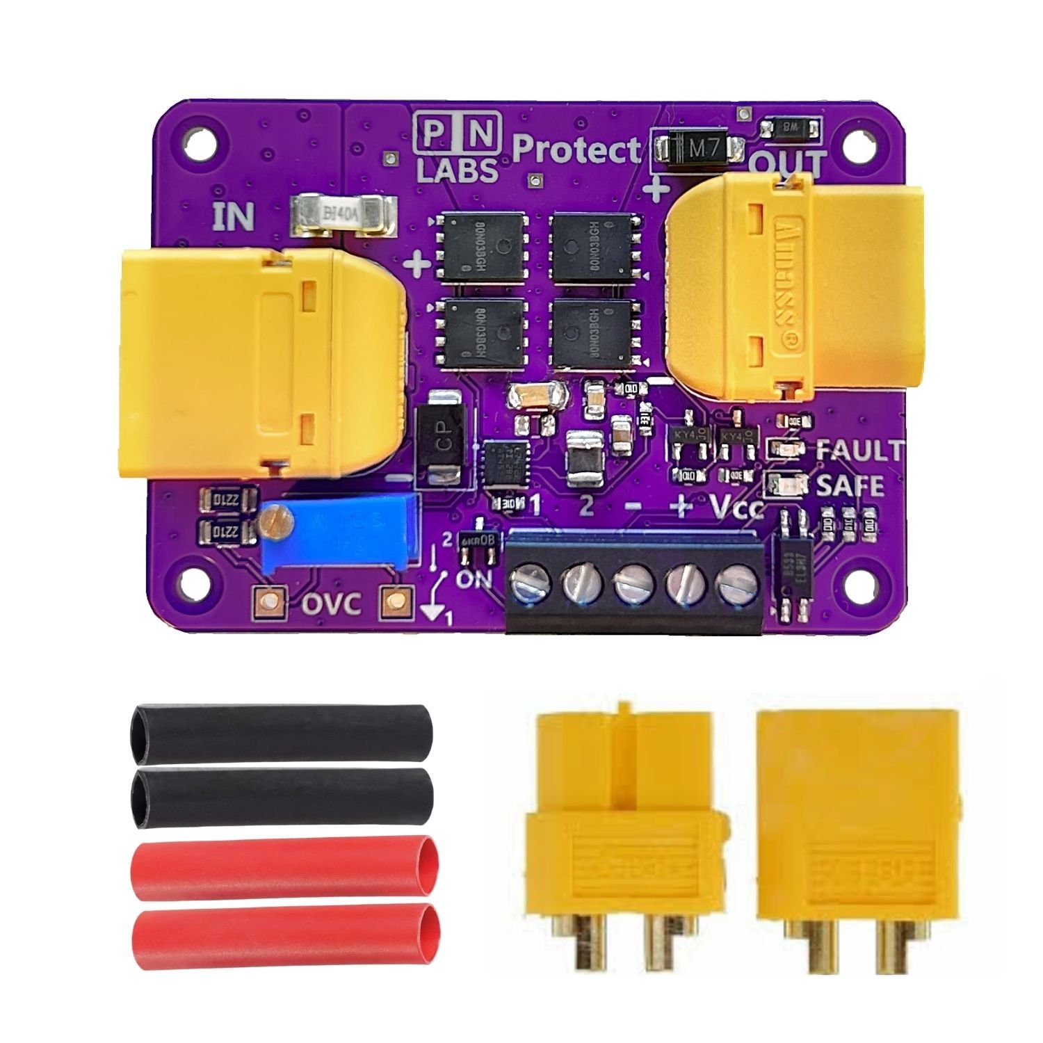 Protect G2 board with yellow XT60 input and output connectors fitted, shown above the spare XT60 plug pair and four lengths of red and black heat-shrink tubing supplied with it.