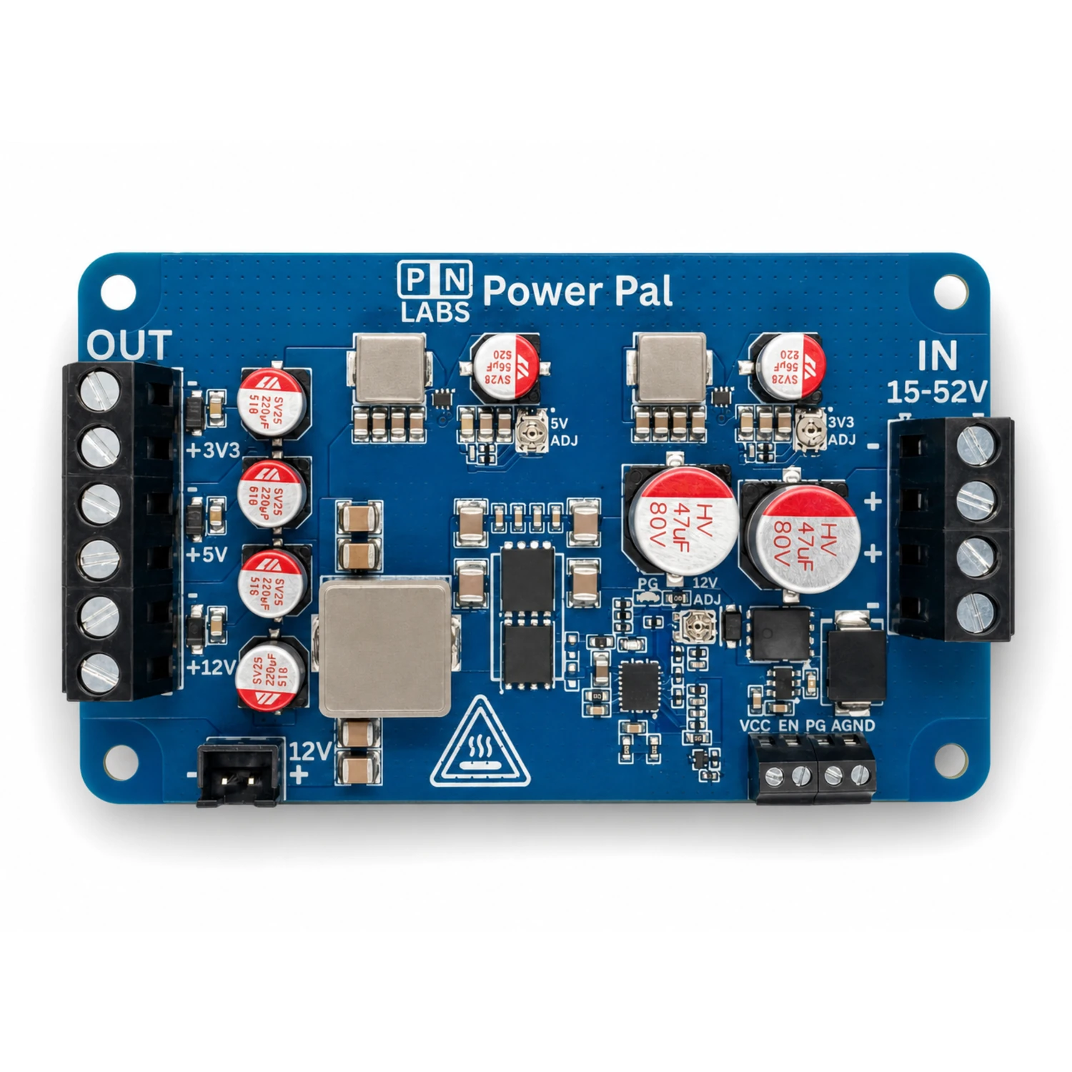 Top view of the Power Pal board: the 15–52 V input terminal block on the right, the 3.3 V, 5 V and 12 V output terminal block on the left, per-rail trim potentiometers between them, a 12 V fan header along the bottom edge and the VCC, EN, PG and AGND signal terminals.