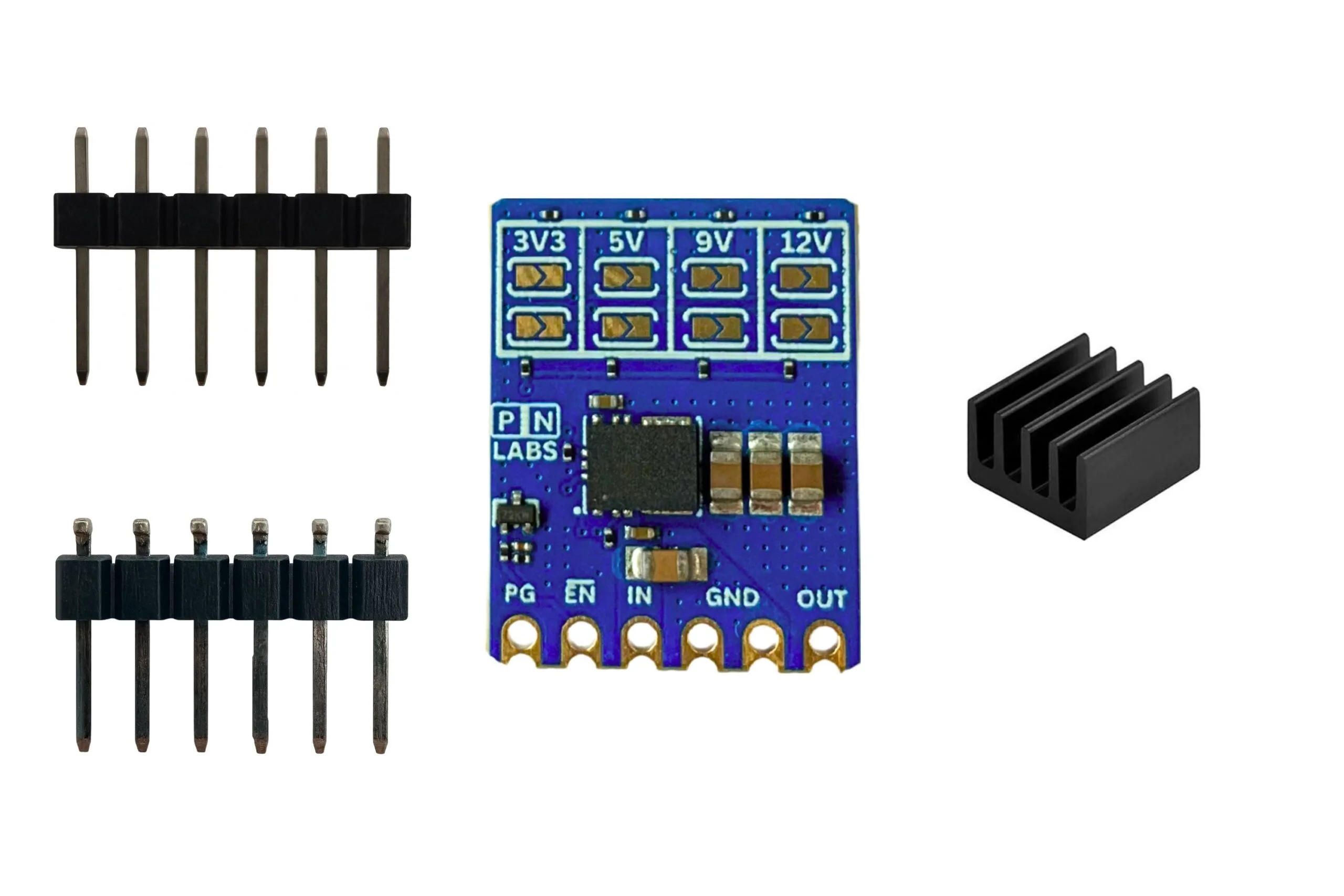 The NanoBuck board shown with the two 2.54 mm six-pin header strips supplied with it, one straight and one right-angle, and the black finned adhesive heat sink.