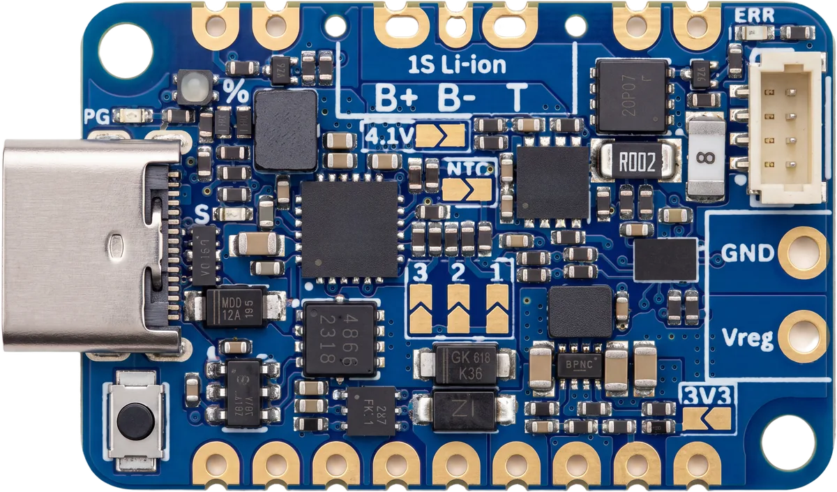 Render of the Battery Pal board, seen from above, showing the USB-C input, the solder jumpers and the castellated edge pads